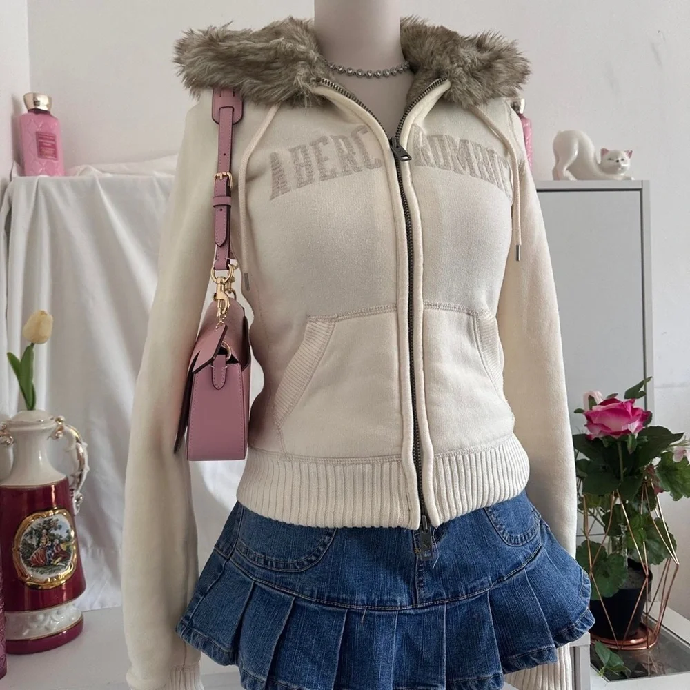 Y2K Abercrombie & Fitch Faux Fur Lined Full Zip Jacket Cream Size Medium RARE - Picture 1 of 10